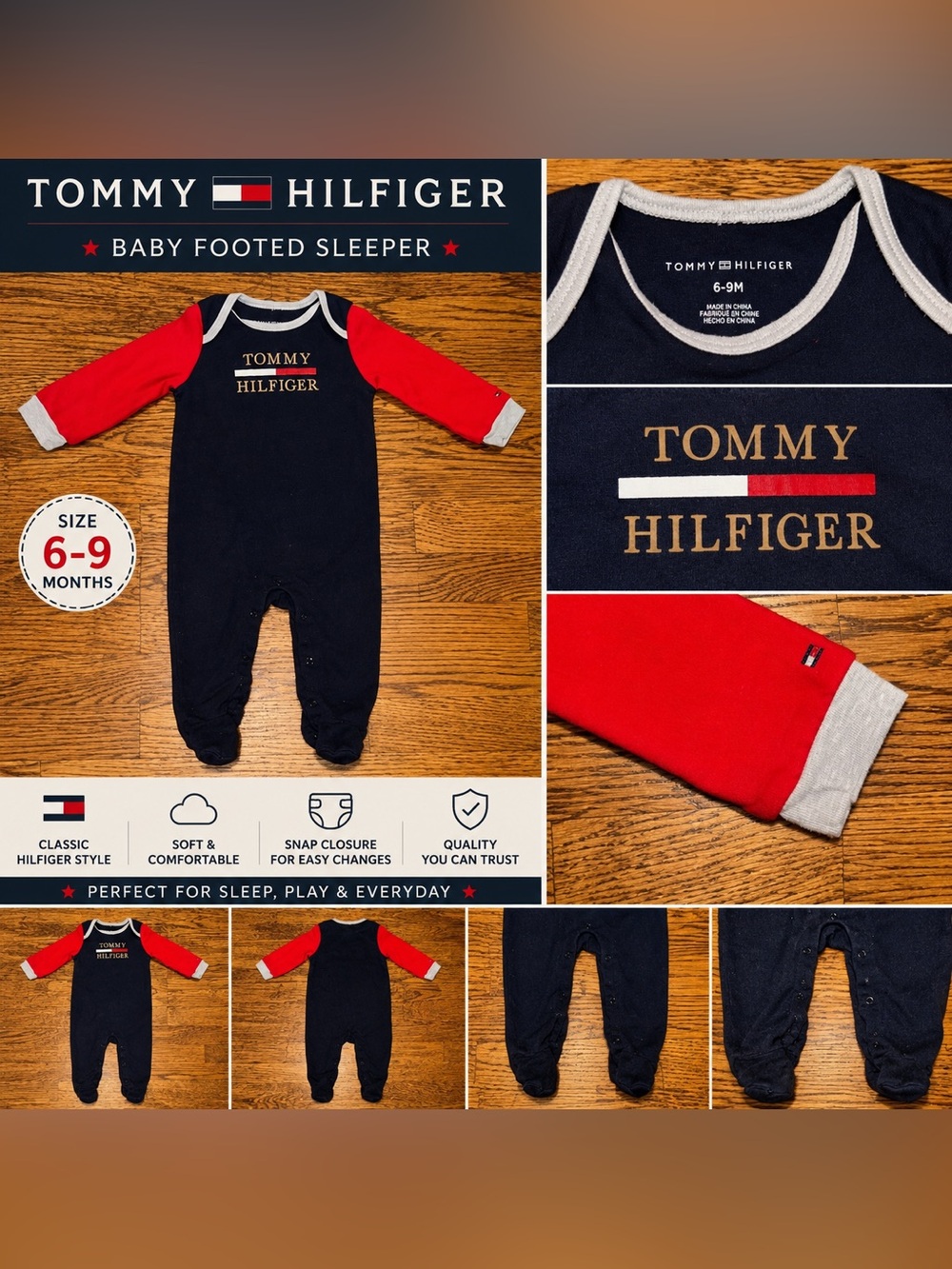 Tommy Hilfiger Baby Footed Sleeper Navy Red Size 6-9 Months